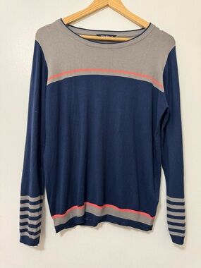 Navy and Gray Crewneck Sweater with Coral Stripe